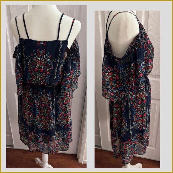 Navy Floral Cold Shoulder Ruffle Mini Dress Size M - Picture 4 of 5